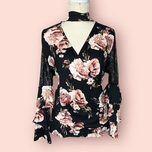 Venus XL Black Floral Mock Neck Wrap Top Bell Sleeves Lace Trim Blouse XL